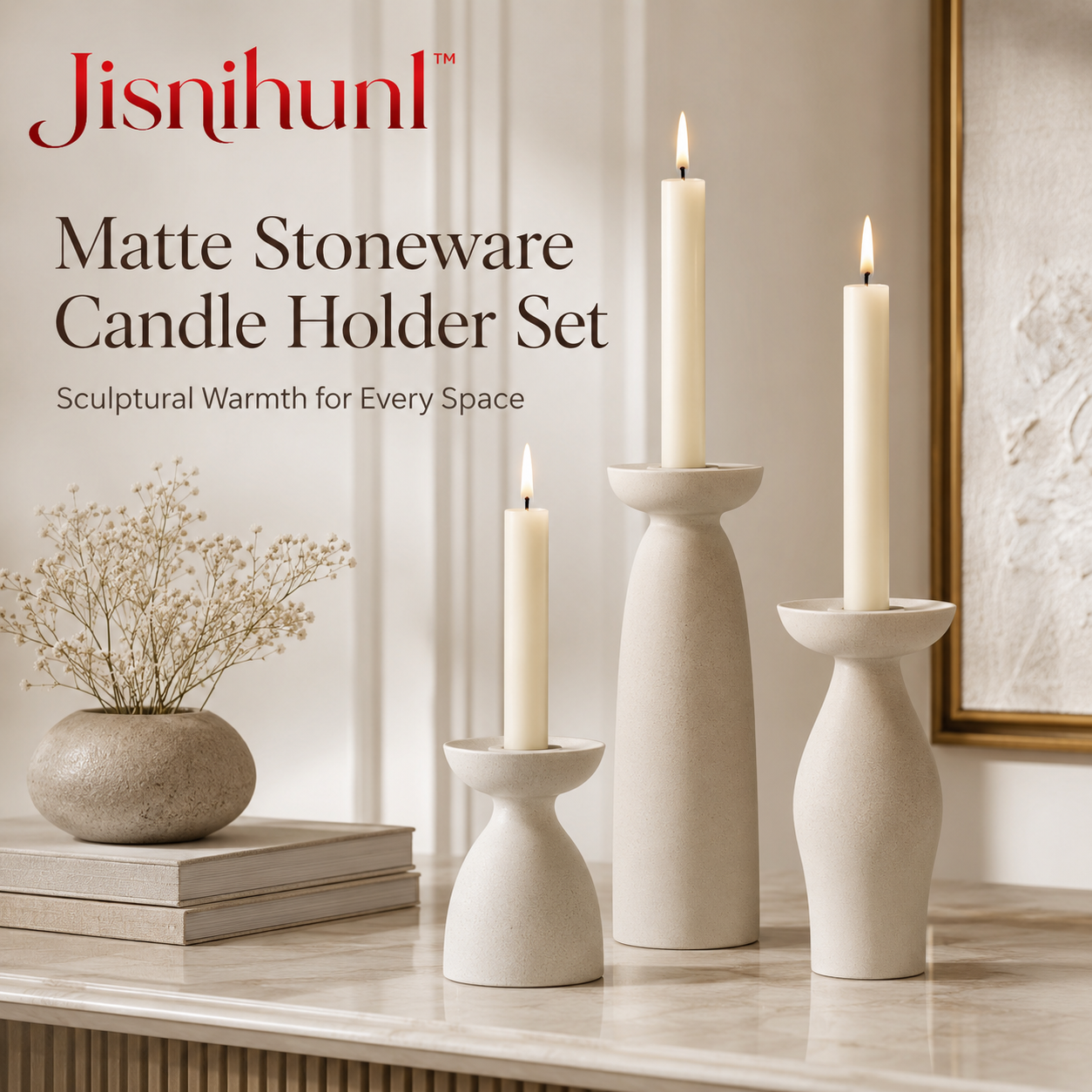 Jisnihunl™ Matte Stoneware Candle Holder Set – Modern Taper Candle Holders, Dining Table Decor, Mantel Decor, Minimalist Home Accent