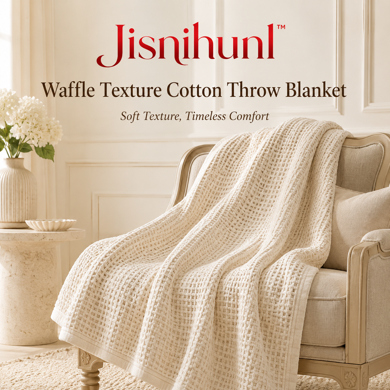 Jisnihunl™ Waffle Texture Cotton Throw Blanket – Lightweight Sofa Throw, Cozy Bed Blanket, Neutral Living Room Decor, Soft Home Accent