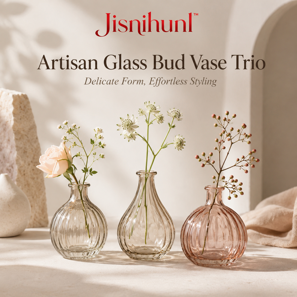 Jisnihunl™ Artisan Glass Bud Vase Trio – Small Flower Vases, Minimalist Table Centerpiece, Shelf Decor, Modern Home Accent Set