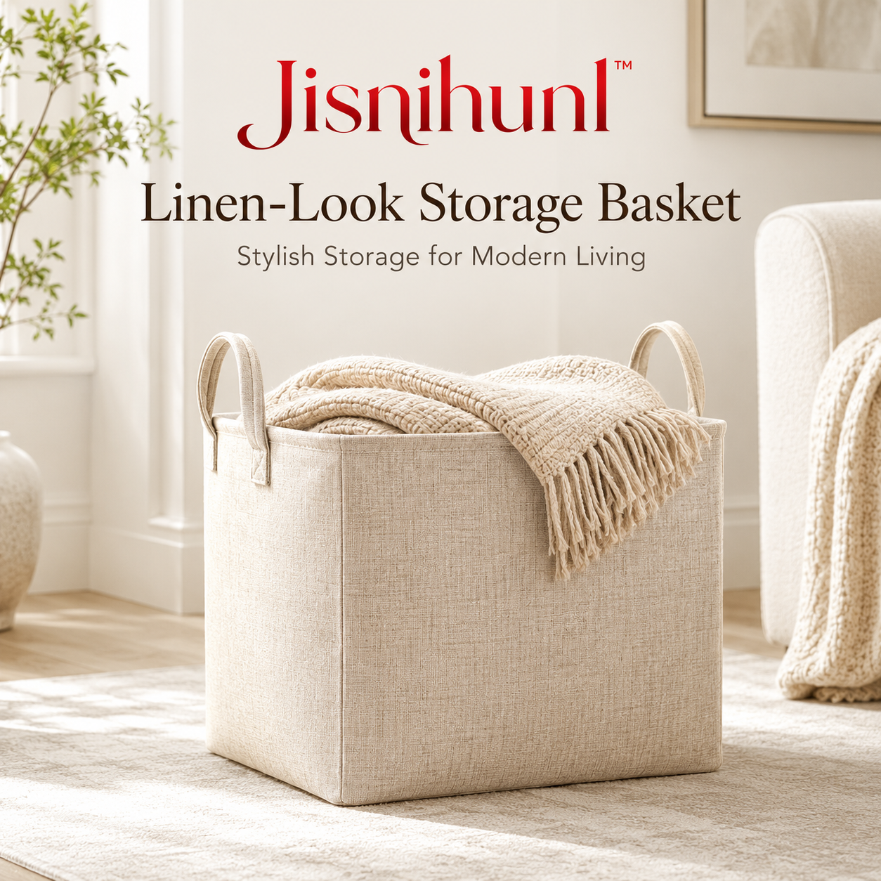Jisnihunl™ Linen-Look Storage Basket – Foldable Fabric Organizer Bin, Closet Storage, Shelf Basket, Nursery & Living Room Organizer