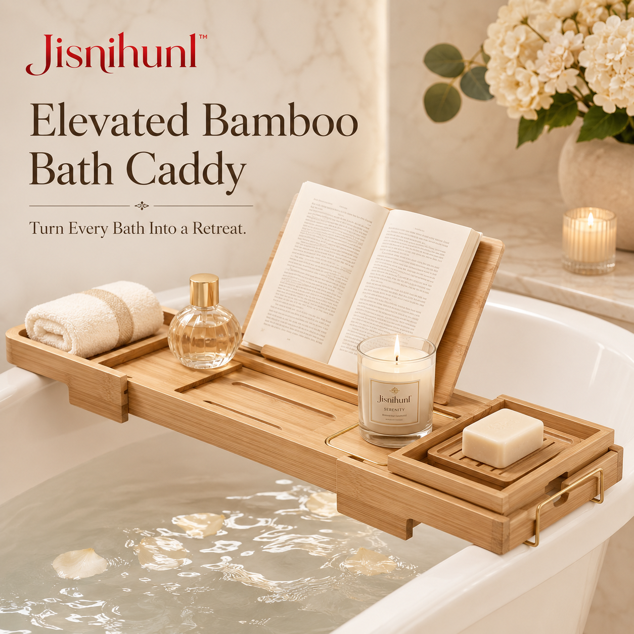 Jisnihunl™ Elevated Bamboo Bath Caddy – Bathtub Tray, Spa Bath Organizer, Candle & Book Holder, Luxury Self-Care Bathroom Accessory
